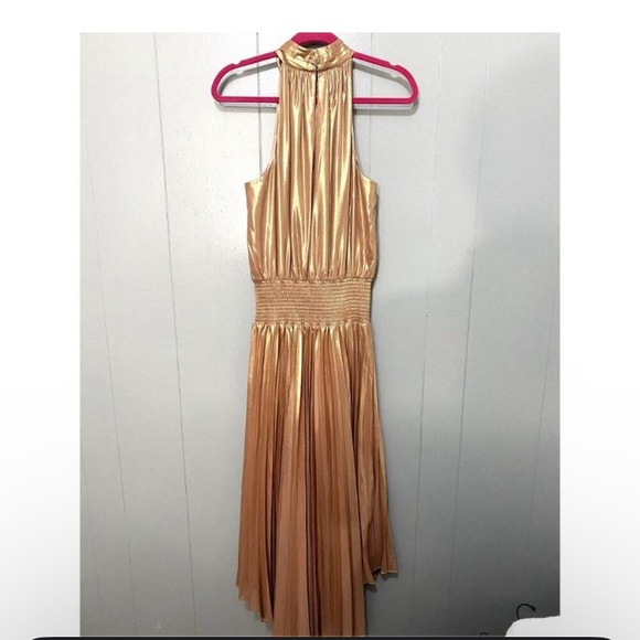 NWOT Ramy Brook Pink Blush Metallic Olana High Neck Evening Midi Dress 6 - Picture 1 of 6